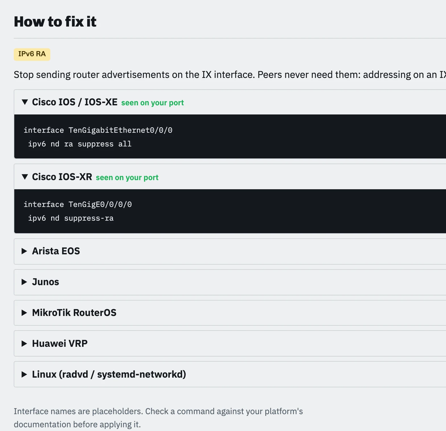 The “How to fix it” section of a network page, with the Cisco IOS and IOS-XR snippets marked as seen on your port